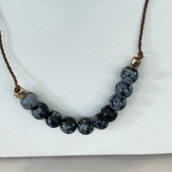 Snowflake Obsidian, round stone choker/necklace on brown cord w/lobster clasp - Picture 11 of 15